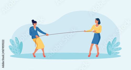 Two professionals pull a rope from opposite sides as tension builds. Rivalry, negotiation and power balance in business. Conflict management. Characters fighting for leadership, arguing, wrestling