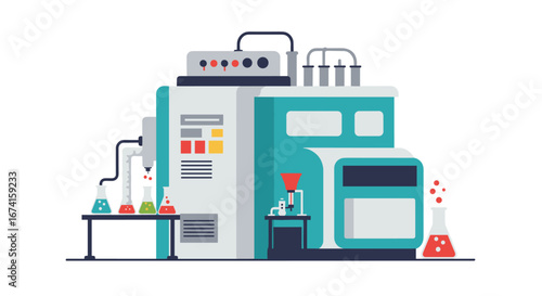 Modern flat style laboratory equipment with colorful flasks and machinery