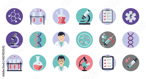 Flat style science icons set with lab equipment and medical symbols