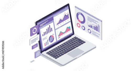 Isometric laptop with analytical graphs and charts for business data visualization