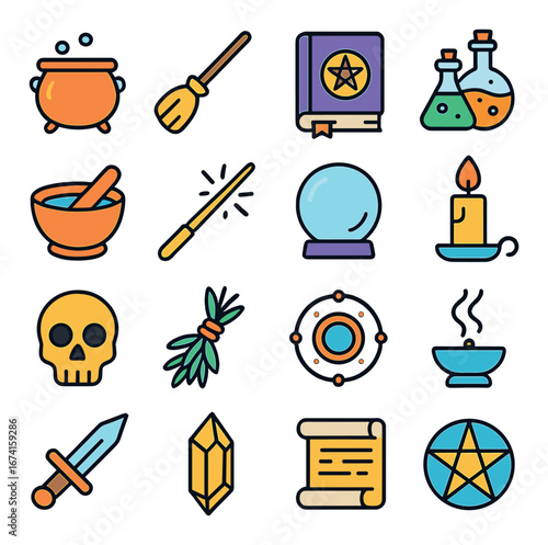 Flat magic icon set featuring cauldron, broom, spellbook, potion, wand, crystal ball, candle, skull