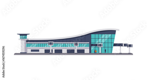 Modern airport terminal building with glass facade and control tower