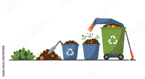 Eco-friendly composting process with recycle bins and robotic arm animation