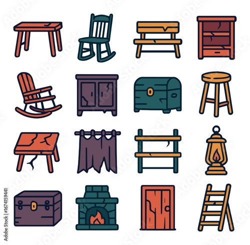 Linear rustic furniture icons set: table, chair, bench, chest, ladder, fireplace, curtain, lantern