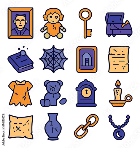 Flat halloween icon set featuring portrait, doll, key, coffin, haunted book, web, grave, old paper, candle