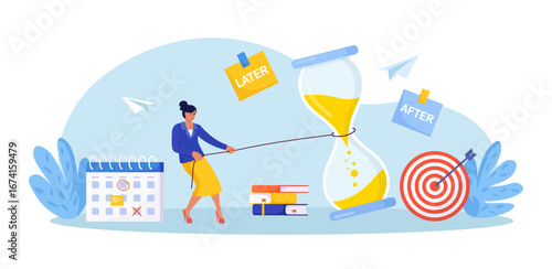 Business woman pulls a rope tied to a giant hourglass as sand runs out. Deadline pressure, urgency and race against time. Time management, business planning for efficiency