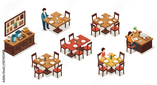 Isometric restaurant setup with dining tables and breakfast buffet