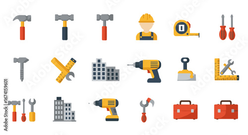 Construction tools and equipment icons for building and repair services