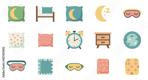 Cozy sleep icons for bedtime routines and relaxation essentials
