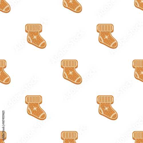Seamless vector pattern of Christmas cookies in the shape of a sock, holiday baking, gingerbread, festive background for packaging, stationery and web design.