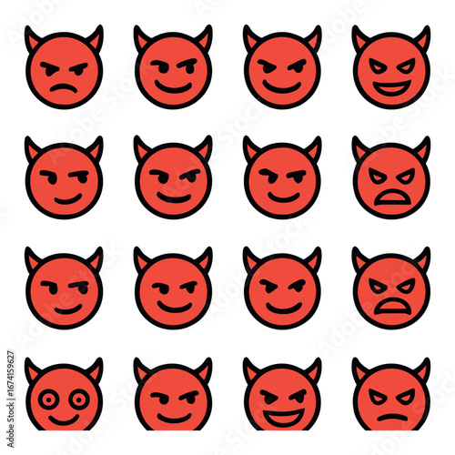 Flat devil emoji icon set featuring angry, smiling, grinning, furious, and surprised expressions