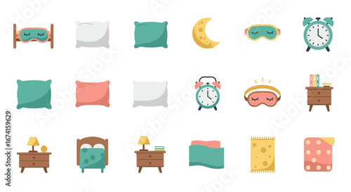 Cozy bedroom icons collection: sleep essentials for a restful night