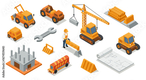 Isometric construction equipment and vehicles in a building site scene