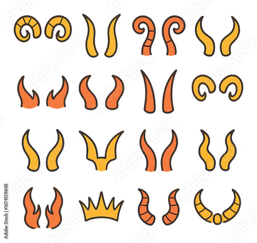 Flat demon horns icon set featuring curved, fiery, spiked, twisted, and crown designs