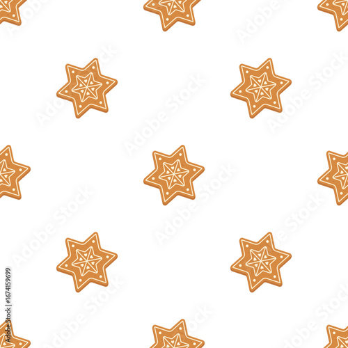Seamless vector pattern of Christmas cookies in the shape of a star, festive pastries, gingerbread, festive background for packaging, stationery and web design