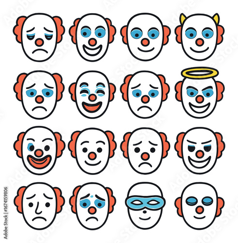 Flat clown emoji icon set featuring sad, happy, angel, devil, masked, sleepy, surprised, and crying faces