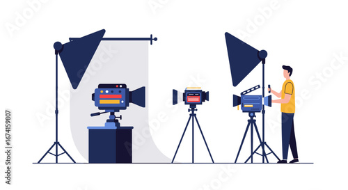 Filmmaking setup with professional video cameras and lighting equipment on white background