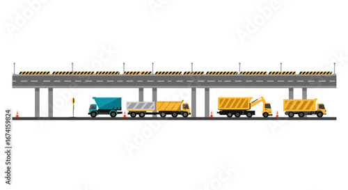 Construction site with vehicles under highway bridge in flat design
