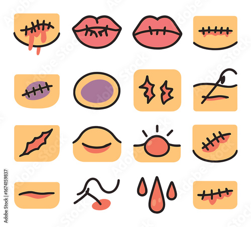 Flat horror icons set featuring scars, lips, tears, wound, lips stitched, infection