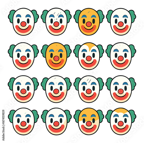 Flat clown emoji icon set featuring happy, sad, angry, surprised, laughing, and mischievous faces