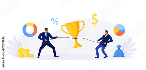Two colleagues pull a huge trophy toward their side. Business rivalry and ambition. Goal focus and reward pursuit across sales. Teams competing for prize. Conflict of interests of businessmen