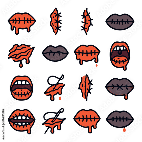 Linear horror icon set featuring mouth, stitch, bite, lips, blood symbols