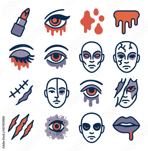 Silhouette halloween icon set with eyes, faces, scars, blood, lips, and makeup elements