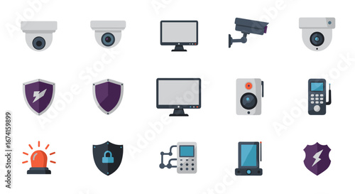 Security system icons set: cctv, monitors, alarms, and shields