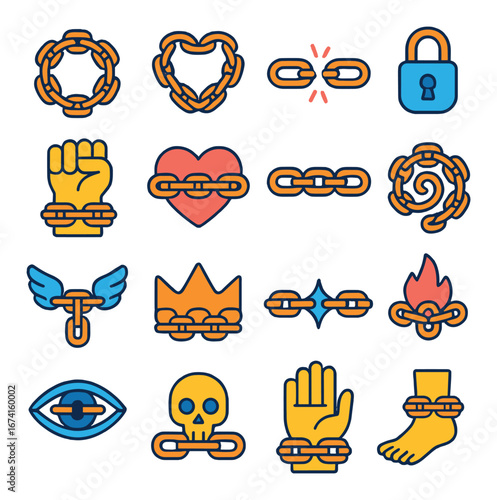 Linear chain icon set featuring heart, lock, fist, wing, circle, star, flame, crown, eye, and foot symbols
