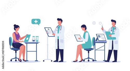 Healthcare team collaboration with technology in a medical office setting