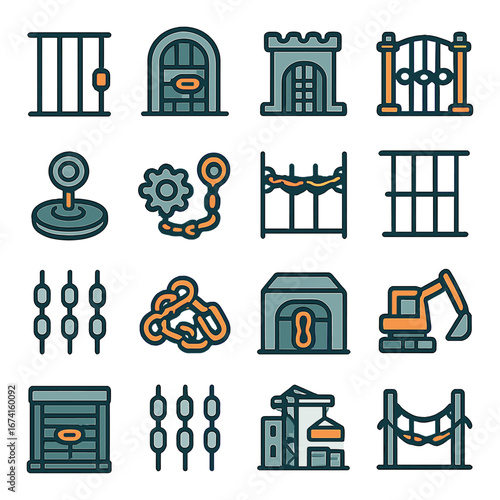 Linear prison icon set featuring bars, chains, gates, cells, and guard towers