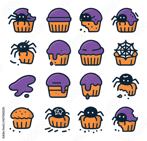 Flat halloween cupcake icon set featuring spiders, webs, and dripping icing designs