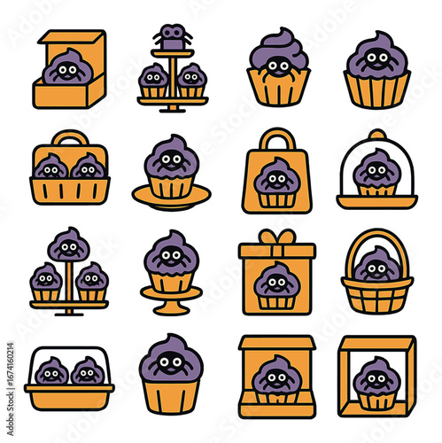Linear cupcake icon set featuring baskets, gift boxes, trays, bags, and serving stands