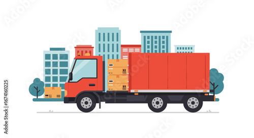 Flat design red delivery truck in urban cityscape with buildings