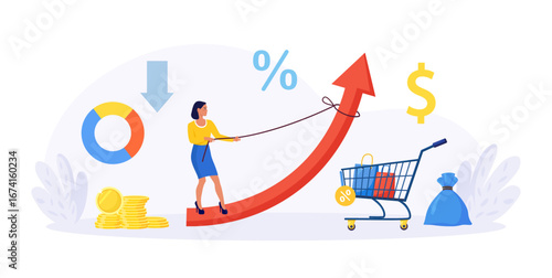 Retail growth. Business woman pulls upward arrow beside shopping cart. Rising prices and stronger sales. Unbridled Inflation. Revenue drive and interest rate change for business finance retail