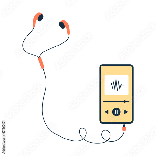 Podcast listening smartphone with wired headphones. Vector illustration.
