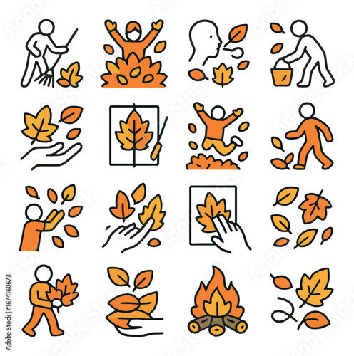 Linear autumn icons set featuring leaves, raking, bonfire, and jumping activities