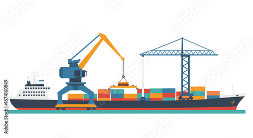 Cargo ship and cranes in flat design with containers at shipping port