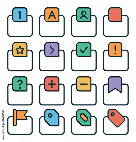 Linear colorful icon set featuring numbers, letters, person, bookmarks, and symbols