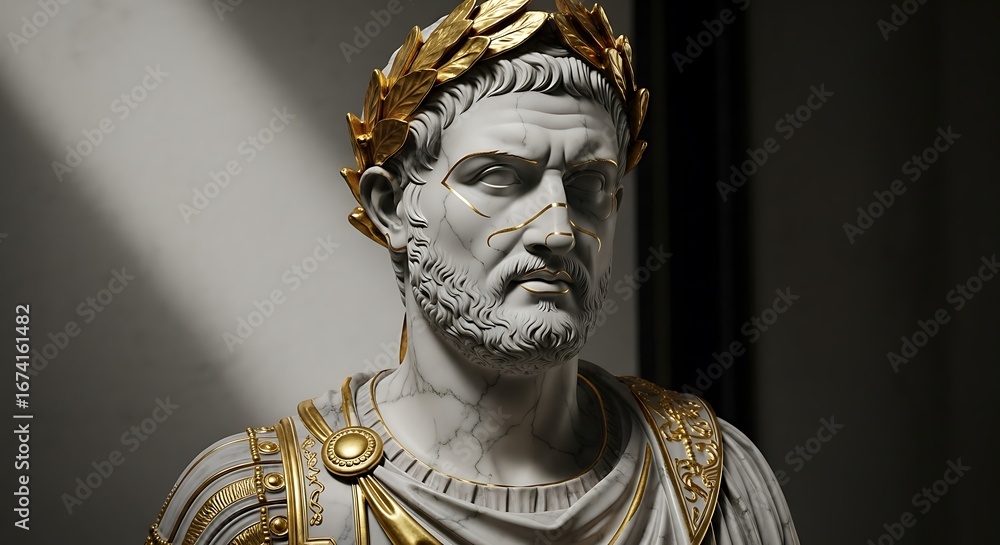 Obraz premium Close up of a marble bust of a roman emperor wearing a golden laurel wreath and golden accents