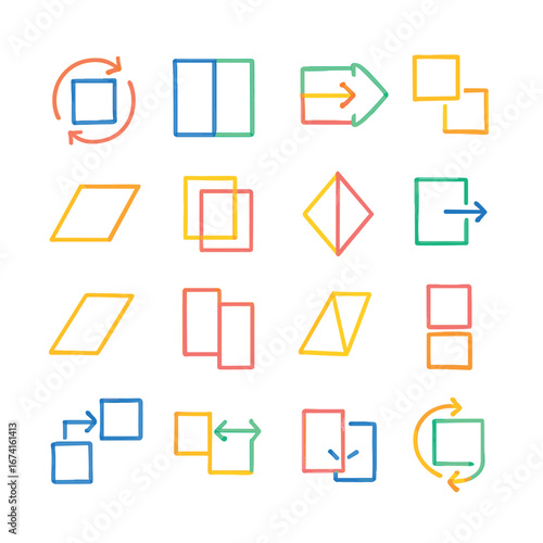 Linear geometric transformations icon set featuring rotation, reflection, translation, scaling, and transformation symbols