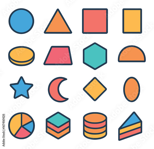 Flat geometric icons set featuring circle, triangle, square, hexagon, star, crescent, pie, and more