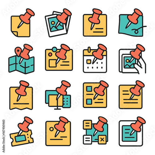 Flat office icon set featuring pin, map, calendar, ticket, checklist, gallery, and note symbols