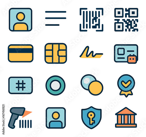 Linear banking icon set featuring account, barcode, qr code, credit card, signature, and security symbols