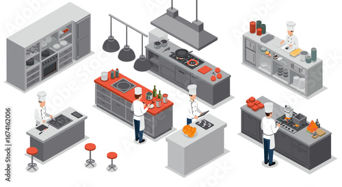 Modern isometric kitchen design with chefs cooking and baking in professional setting