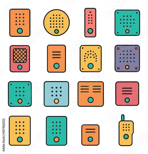 Flat intercom icon set, featuring communication, speaker, button, interface, grid, panel, and screen symbols
