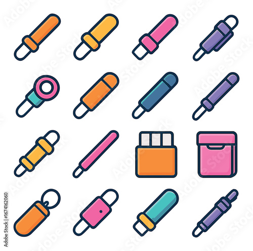Flat usb icon set featuring flash drive, connector, port, and memory symbols