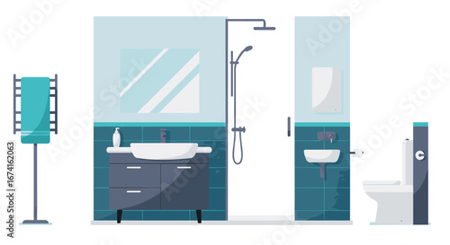 Modern bathroom design with shower, sink, and toilet in flat style