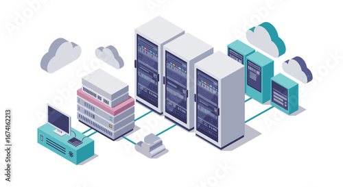 Isometric data center network with servers and cloud computing connections
