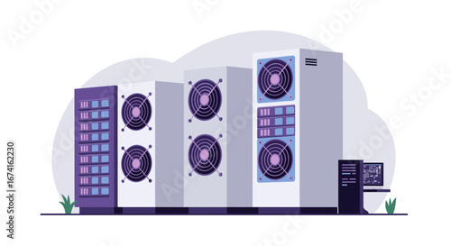 Modern data center with server racks and cooling systems in flat design style